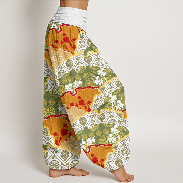 Buddha Stones Chinese Fan-shaped Diamond Pattern Design Women's Elastic Waist Harem Pants