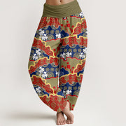 Buddha Stones Chinese Fan-shaped Diamond Pattern Design Women's Elastic Waist Harem Pants