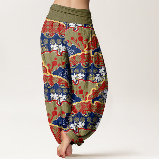 Buddha Stones Chinese Fan-shaped Diamond Pattern Design Women's Elastic Waist Harem Pants