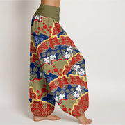 Buddha Stones Chinese Fan-shaped Diamond Pattern Design Women's Elastic Waist Harem Pants