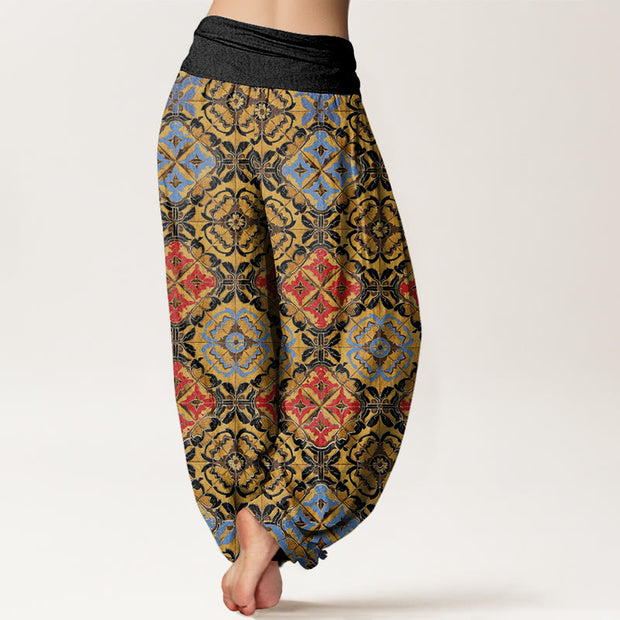 Buddha Stones Diamond Floral Design Women's Elastic Waist Harem Pants