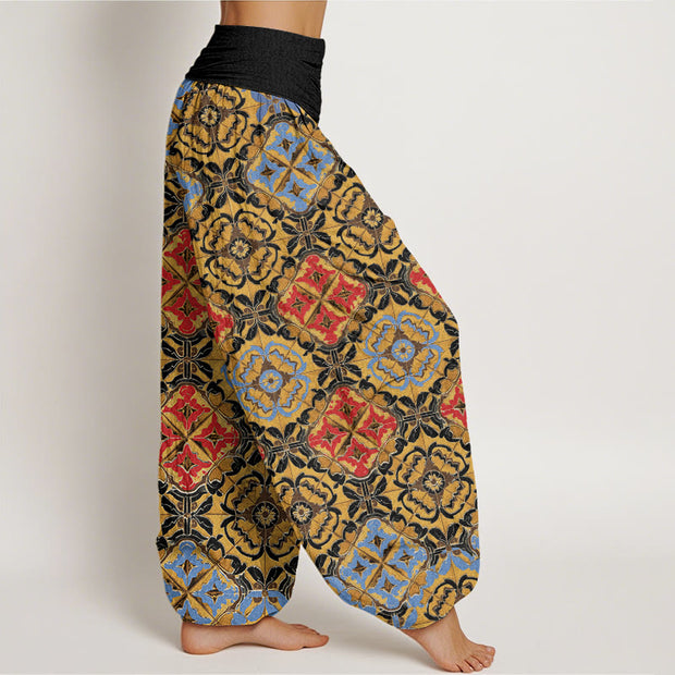 Buddha Stones Diamond Floral Design Women's Elastic Waist Harem Pants