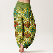 Buddha Stones Diamond Floral Design Women's Elastic Waist Harem Pants