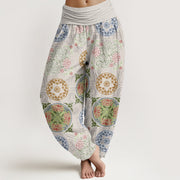 Buddha Stones Round Shapes Chinese Floral Pattern Design Women's Elastic Waist Harem Pants