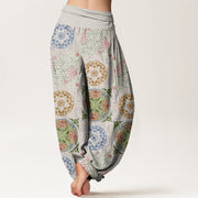 Buddha Stones Round Shapes Chinese Floral Pattern Design Women's Elastic Waist Harem Pants