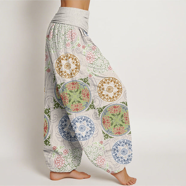 Buddha Stones Round Shapes Chinese Floral Pattern Design Women's Elastic Waist Harem Pants