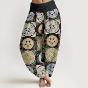 Buddha Stones Round Shapes Chinese Floral Pattern Design Women's Elastic Waist Harem Pants