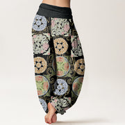 Buddha Stones Round Shapes Chinese Floral Pattern Design Women's Elastic Waist Harem Pants