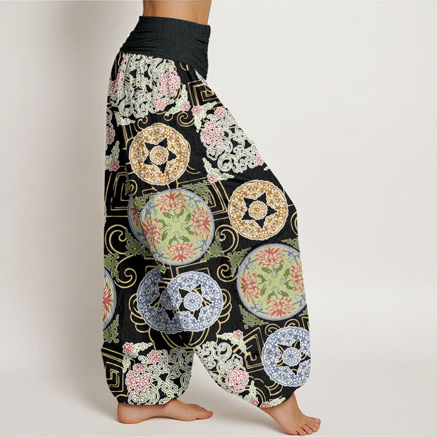 Buddha Stones Round Shapes Chinese Floral Pattern Design Women's Elastic Waist Harem Pants