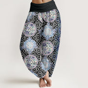 Buddha Stones Round Diamond Shape Chinese Floral Design Women's Elastic Waist Harem Pants