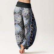 Buddha Stones Round Diamond Shape Chinese Floral Design Women's Elastic Waist Harem Pants