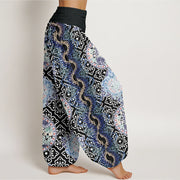 Buddha Stones Round Diamond Shape Chinese Floral Design Women's Elastic Waist Harem Pants