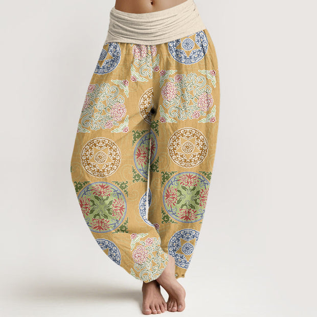 Buddha Stones Round Shapes Chinese Floral Pattern Design Women's Elastic Waist Harem Pants