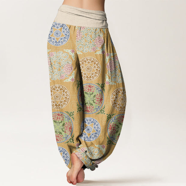 Buddha Stones Round Shapes Chinese Floral Pattern Design Women's Elastic Waist Harem Pants