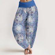 Buddha Stones Round Diamond Shape Chinese Floral Design Women's Elastic Waist Harem Pants