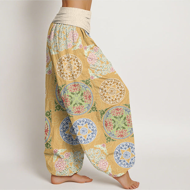 Buddha Stones Round Shapes Chinese Floral Pattern Design Women's Elastic Waist Harem Pants