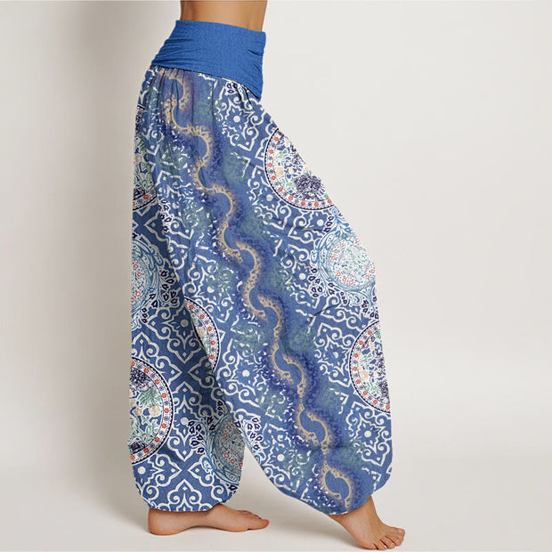 Buddha Stones Round Diamond Shape Chinese Floral Design Women's Elastic Waist Harem Pants