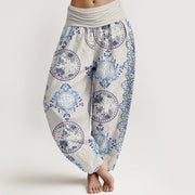 Buddha Stones Round Diamond Shape Chinese Floral Design Women's Elastic Waist Harem Pants