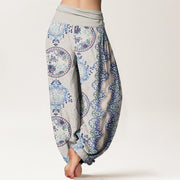 Buddha Stones Round Diamond Shape Chinese Floral Design Women's Elastic Waist Harem Pants