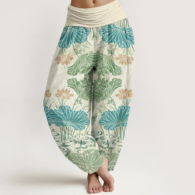 Buddha Stones Lotus Leaves Flowers Design Women's Elastic Waist Harem Pants