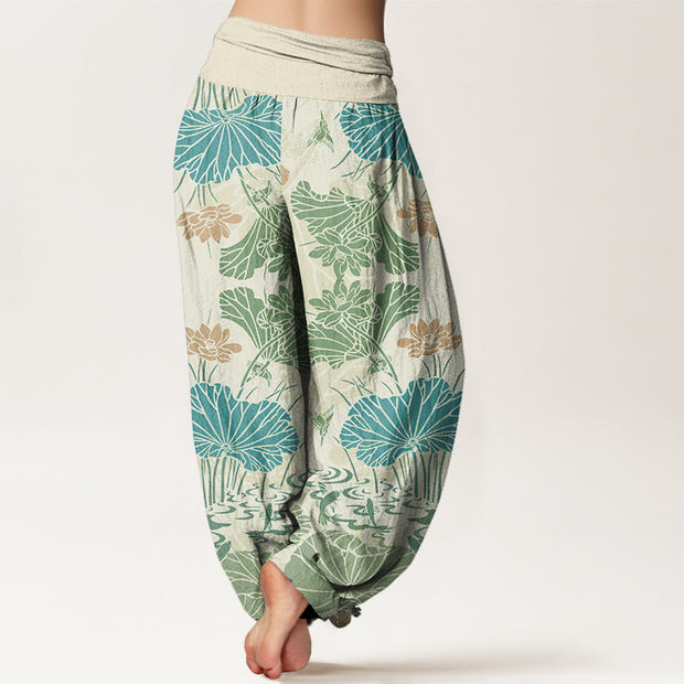 Buddha Stones Lotus Leaves Flowers Design Women's Elastic Waist Harem Pants