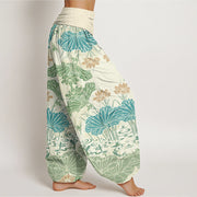 Buddha Stones Lotus Leaves Flowers Design Women's Elastic Waist Harem Pants