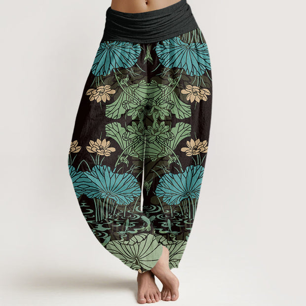 Buddha Stones Lotus Leaves Flowers Design Women's Elastic Waist Harem Pants