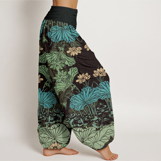 Buddha Stones Lotus Leaves Flowers Design Women's Elastic Waist Harem Pants