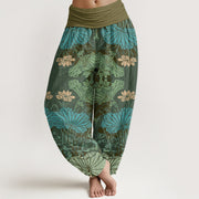 Buddha Stones Lotus Leaves Flowers Design Women's Elastic Waist Harem Pants