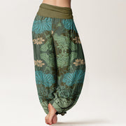 Buddha Stones Lotus Leaves Flowers Design Women's Elastic Waist Harem Pants