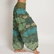 Buddha Stones Lotus Leaves Flowers Design Women's Elastic Waist Harem Pants