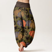 Buddha Stones Peony Flowers Leaves Design Women's Elastic Waist Harem Pants