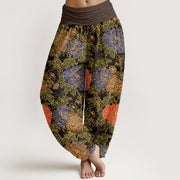 Buddha Stones Peony Flowers Leaves Design Women's Elastic Waist Harem Pants