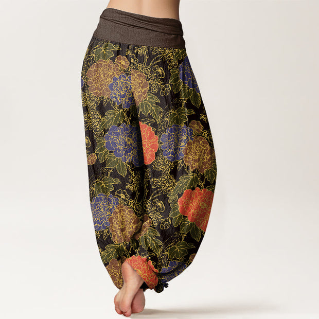 Buddha Stones Peony Flowers Leaves Design Women's Elastic Waist Harem Pants