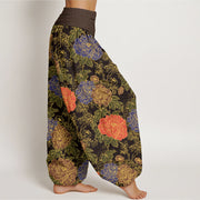 Buddha Stones Peony Flowers Leaves Design Women's Elastic Waist Harem Pants