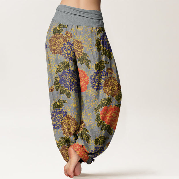 Buddha Stones Peony Flowers Leaves Design Women's Elastic Waist Harem Pants