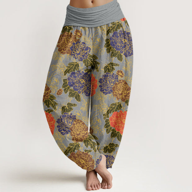 Buddha Stones Peony Flowers Leaves Design Women's Elastic Waist Harem Pants