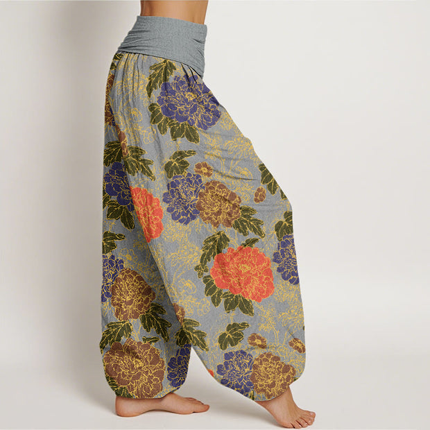 Buddha Stones Peony Flowers Leaves Design Women's Elastic Waist Harem Pants