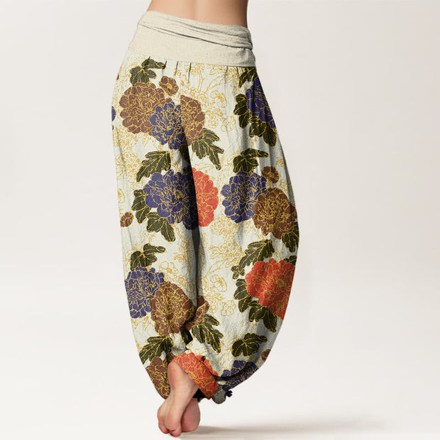 Buddha Stones Peony Flowers Leaves Design Women's Elastic Waist Harem Pants