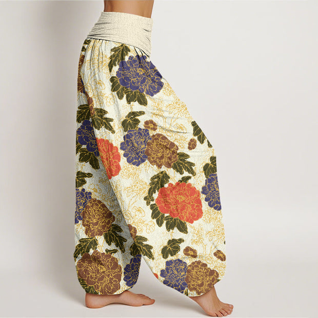 Buddha Stones Peony Flowers Leaves Design Women's Elastic Waist Harem Pants