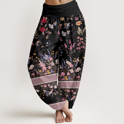 Buddha Stones Multicolored Flowers Butterflies Design Women's Elastic Waist Harem Pants