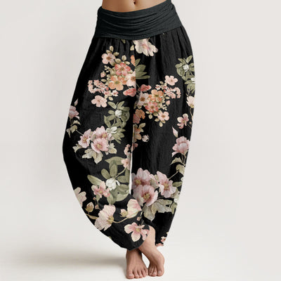 Buddha Stones Pink Pale Orange Flowers Design Women's Elastic Waist Harem Pants