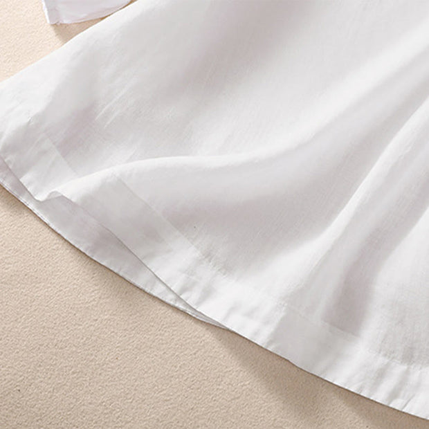 Buddha Stones Casual Plain Button Floral Embroidered Design Puff Half Sleeve Cotton Linen Women's Shirt