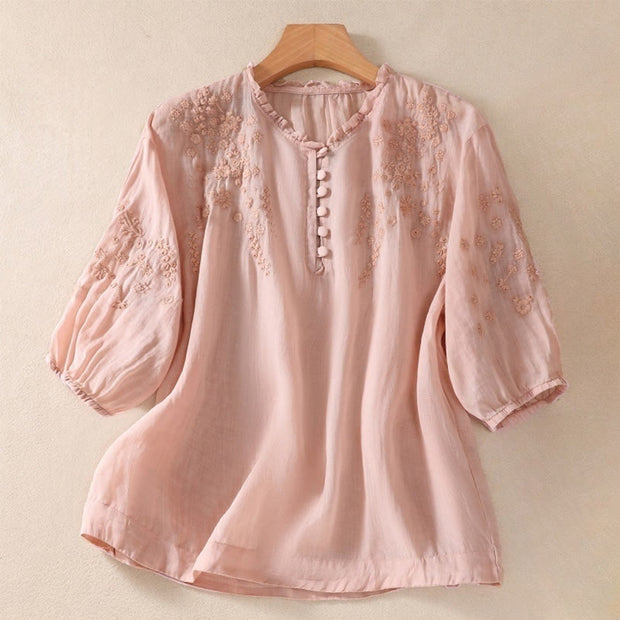 Buddha Stones Casual Plain Button Floral Embroidered Design Puff Half Sleeve Cotton Linen Women's Shirt