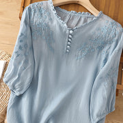 Buddha Stones Casual Plain Button Floral Embroidered Design Puff Half Sleeve Cotton Linen Women's Shirt