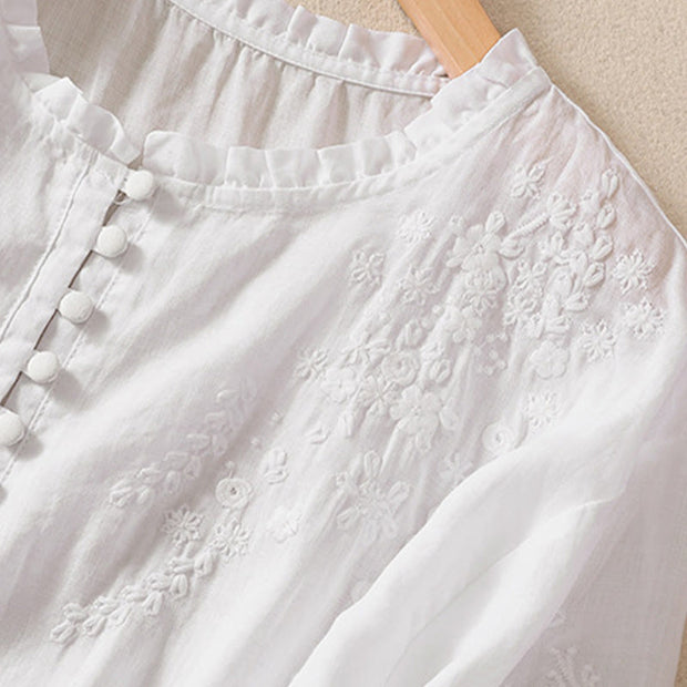 Buddha Stones Casual Plain Button Floral Embroidered Design Puff Half Sleeve Cotton Linen Women's Shirt