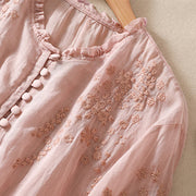 Buddha Stones Casual Plain Button Floral Embroidered Design Puff Half Sleeve Cotton Linen Women's Shirt