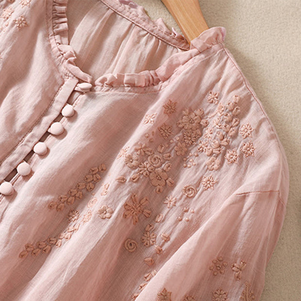 Buddha Stones Casual Plain Button Floral Embroidered Design Puff Half Sleeve Cotton Linen Women's Shirt