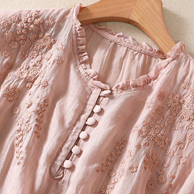 Buddha Stones Casual Plain Button Floral Embroidered Design Puff Half Sleeve Cotton Linen Women's Shirt - image 15