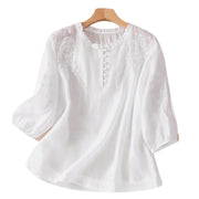 Buddha Stones Casual Plain Button Floral Embroidered Design Puff Half Sleeve Cotton Linen Women's Shirt